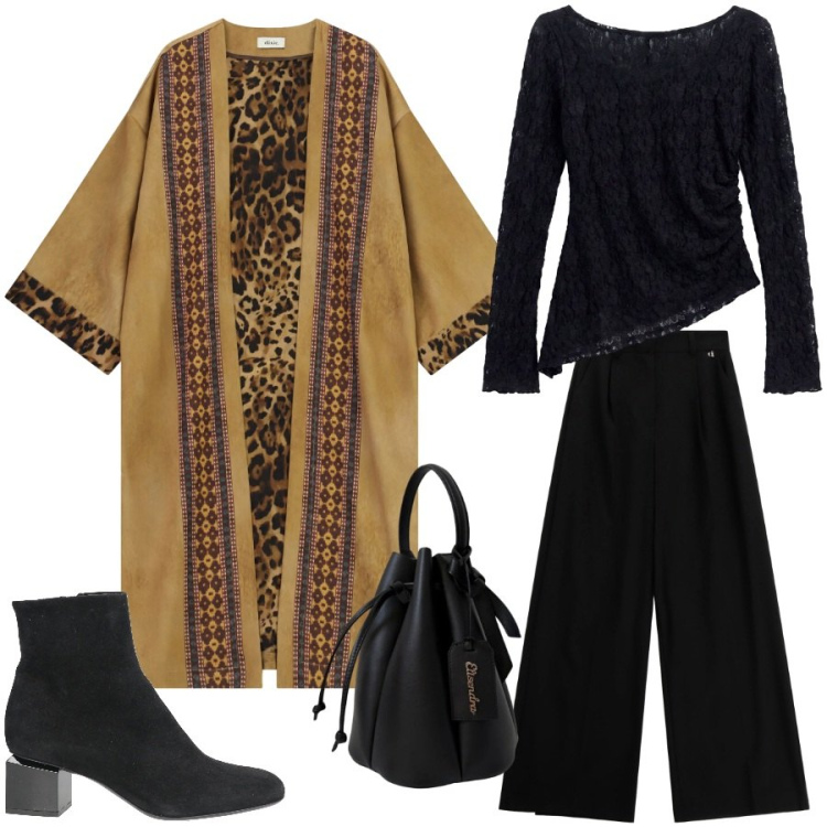 Outfit donna - Stile etnico. Stile Etnico per Serata fuori. Abbinamento con stivaletti, t-shirt, pantaloni a palazzo, kimono, borse a secchiello.