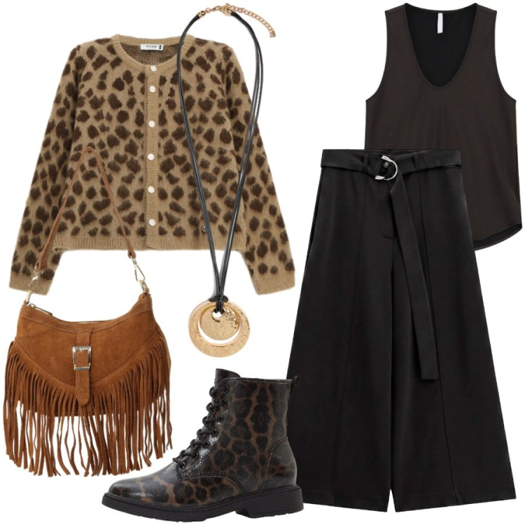 Outfit donna - Urban style. Stile Etnico per Tutti i giorni. Abbinamento con pantaloni a palazzo, borse a spalla, canottiere, ciondoli, cardigans, stivaletti.
