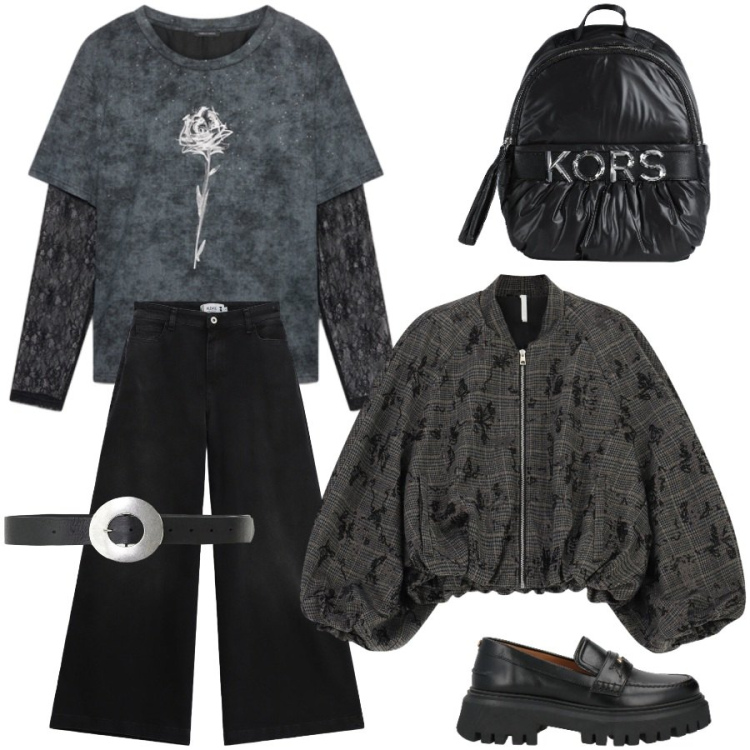 Outfit donna - Lezione all' università. Stile Casual chic per Scuola/Università. Abbinamento con bomber, t-shirt, jeans, cinture, zaini, mocassini.