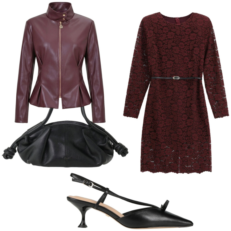 Outfit donna - Pizzo e pelle in autunno. Stile Chic per Serata fuori. Abbinamento con vestiti midi/longuette, giacche, borse a mano, décolleté.