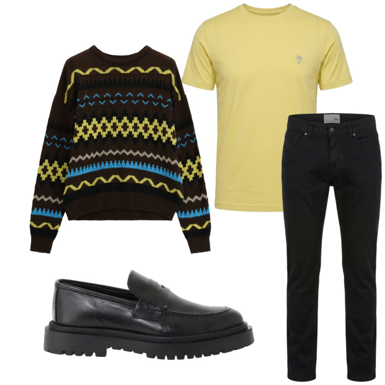 Outfit uomo - Total look #2480365. Stile Trendy per Tutti i giorni. Abbinamento con t-shirt, pantaloni, maglieria, scarpe stringate.
