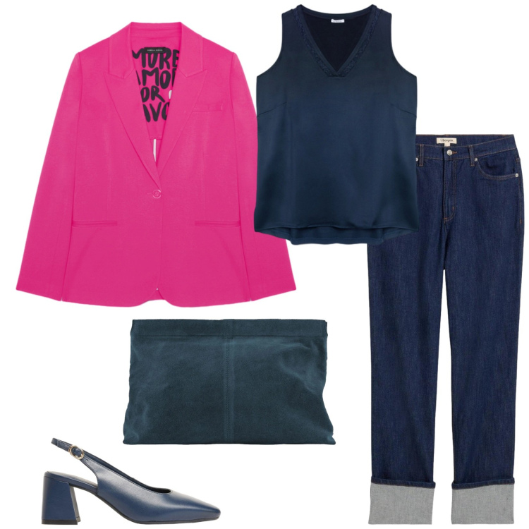 Outfit donna - Total look #2480366. Stile Casual chic per Tutti i giorni. Abbinamento con jeans dritti, décolleté, top, blazer, pochette.