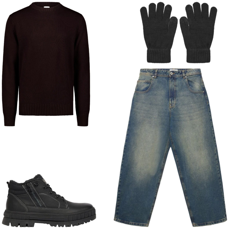 Outfit uomo - Total look #2480368. Stile Casual per Tutti i giorni. Abbinamento con maglieria, jeans, guanti, stivali e stivaletti.