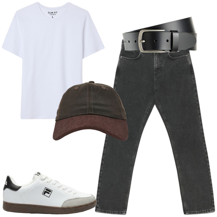 Outfit uomo - Total look #2480369. Stile Casual per Tutti i giorni. Abbinamento con t-shirt, jeans dritti, cappelli con visiera, sneakers, cinture.