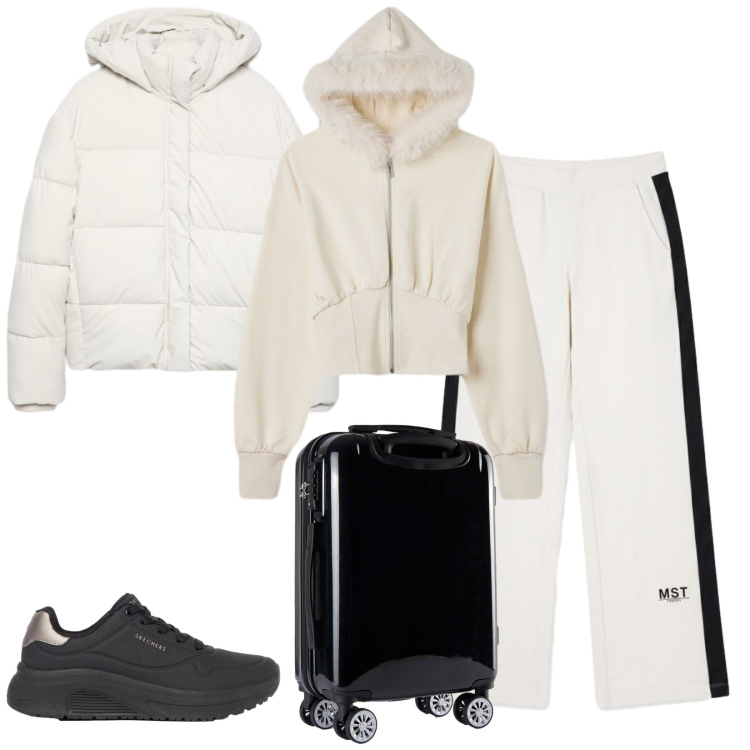 Outfit donna - Total look #2480371. Stile Sporty chic per Tutti i giorni. Abbinamento con valigie, pantaloni, felpe con cappuccio, piumini, sneakers.