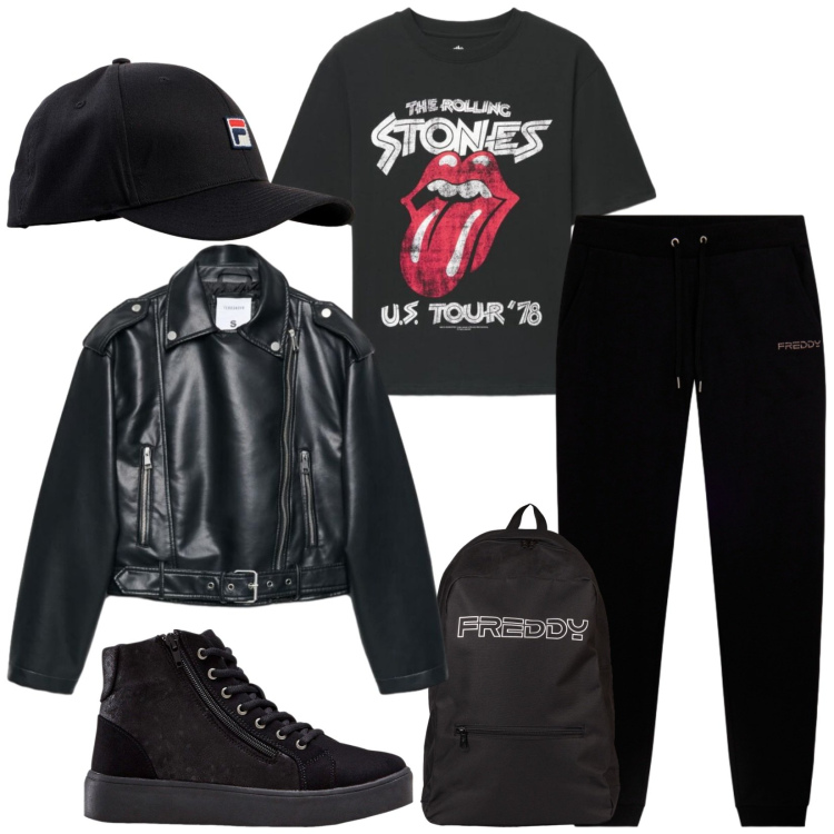 Outfit donna - Total look #2480378. Stile Rock per Tutti i giorni. Abbinamento con sneakers alte, cappelli con visiera, t-shirt, giacche, pantaloni, zaini.