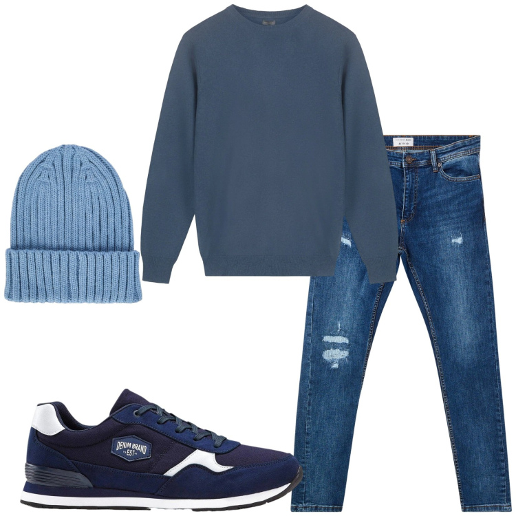 Outfit uomo - Total look #2480398. Stile Casual per Tutti i giorni. Abbinamento con maglieria, berretti, jeans strappati, sneakers.