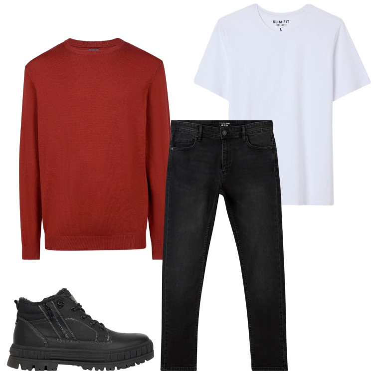 Outfit uomo - Total look #2480401. Stile Casual per Tutti i giorni. Abbinamento con maglieria, jeans skinny, t-shirt, stivali e stivaletti.