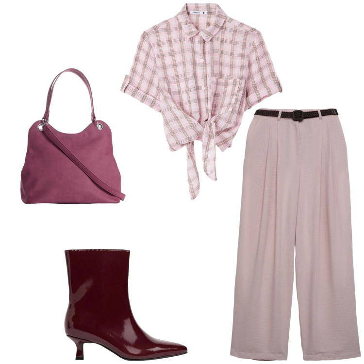 Outfit donna - Total look #2480417. Stile Chic per Ufficio. Abbinamento con borse a mano, stivaletti, camicie a manica corta, pantaloni.