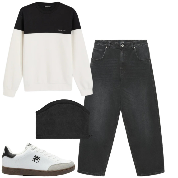 Outfit uomo - Total look #2480418. Stile Casual per Tutti i giorni. Abbinamento con felpe, jeans, scaldacollo, sneakers.