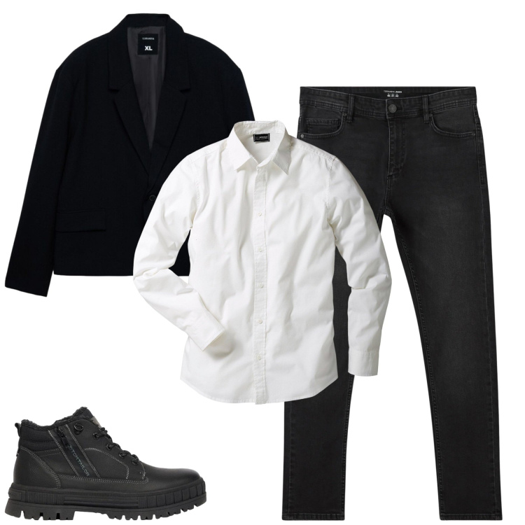 Outfit uomo - Total look #2480419. Stile Casual per Tutti i giorni. Abbinamento con giacche, jeans skinny, camicie, stivali e stivaletti.