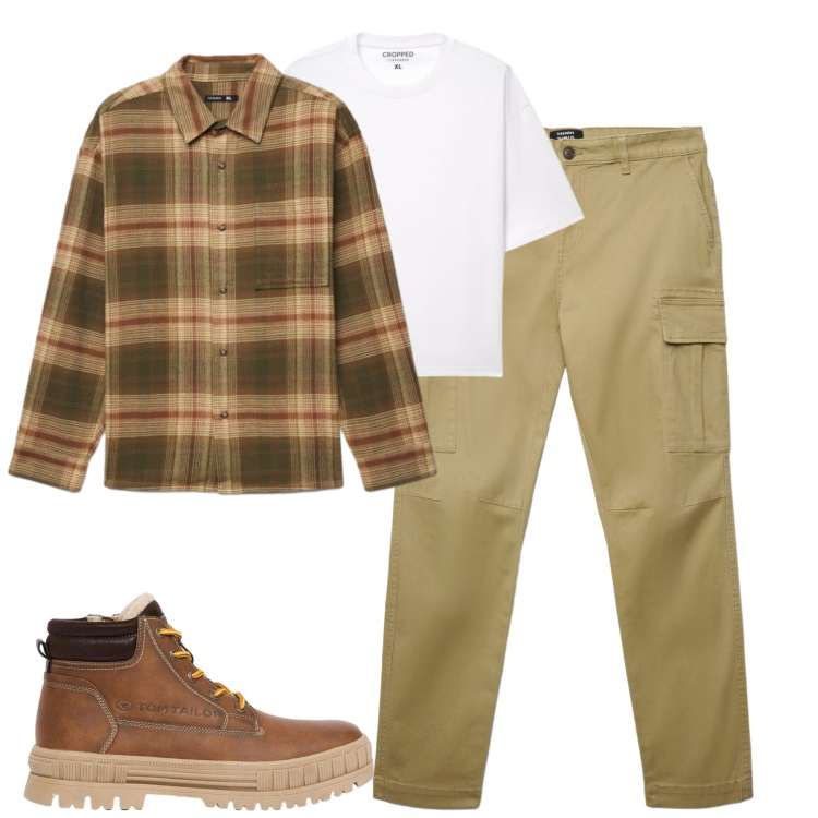Outfit uomo - Fall. Stile Casual per Tutti i giorni. Abbinamento con pantaloni cargo, camicie, t-shirt, stivali e stivaletti.