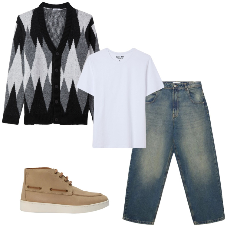 Outfit uomo - Total look #2480431. Stile Casual per Tutti i giorni. Abbinamento con stivali e stivaletti, cardigans, t-shirt, jeans.