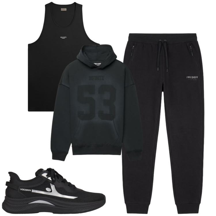 Outfit uomo - Total look #2480453. Stile Casual per Sport. Abbinamento con sneakers, canottiere, pantaloni, felpe con cappuccio.