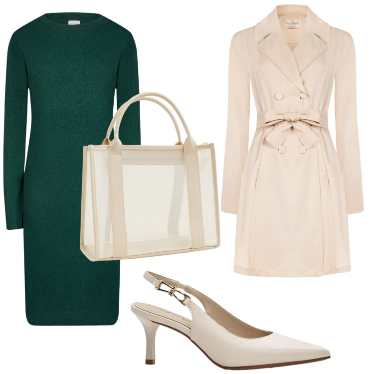 Outfit donna - In ufficio. Stile Casual per Ufficio. Abbinamento con vestiti midi/longuette, trench, borse tote, décolleté.