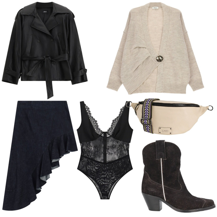 Outfit donna - Look da sera. Stile Casual per Serata fuori. Abbinamento con marsupi, stivaletti texani, body, gonne longuette, trench, cardigans.
