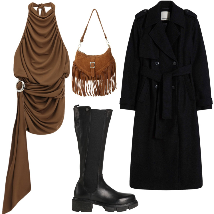 Outfit donna - Uscita serale. Stile Casual per Serata fuori. Abbinamento con stivali, trench, borse a spalla, vestiti corti.