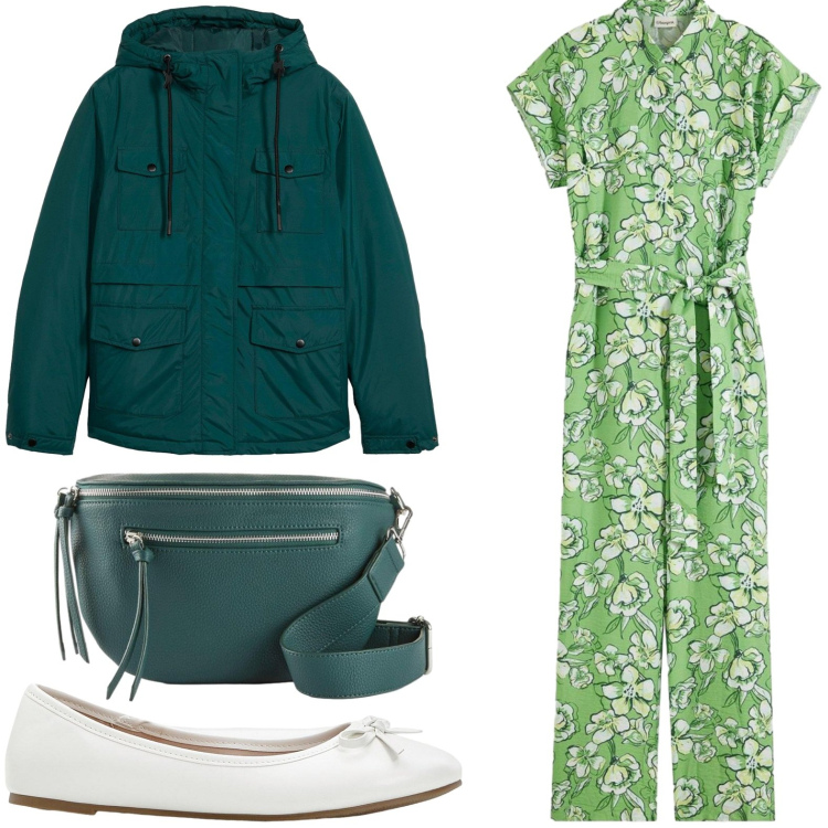 Outfit donna - Tuta a fiori. Stile Glamour per Tutti i giorni. Abbinamento con blazer, marsupi, ballerine, tute.