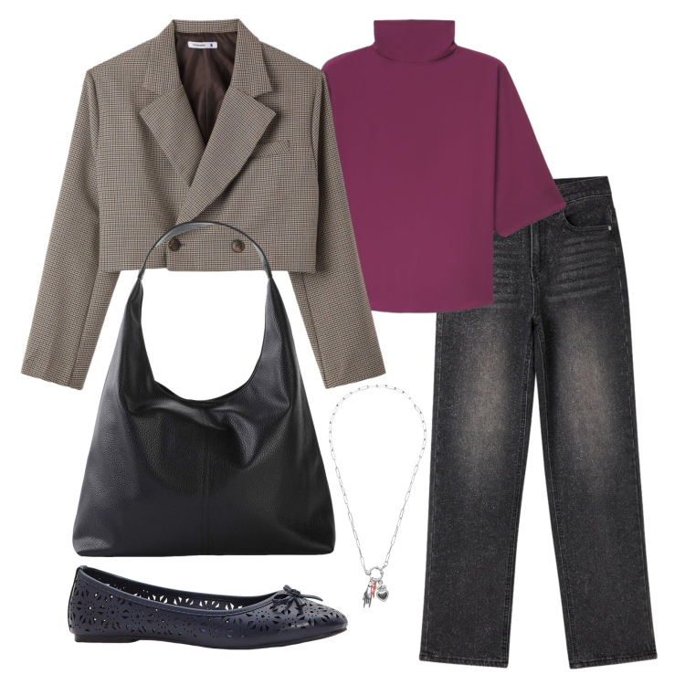 Outfit donna - Settembre. Stile Casual per Tutti i giorni. Abbinamento con ciondoli, bluse, blazer, jeans, ballerine, shopping bag.