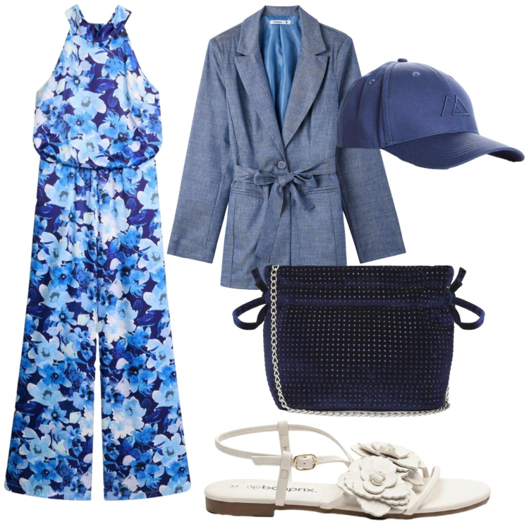 Outfit donna - Tuta floreale. Stile Glamour per Tutti i giorni. Abbinamento con tute, cappelli con visiera, sandali, blazer, borse a secchiello.