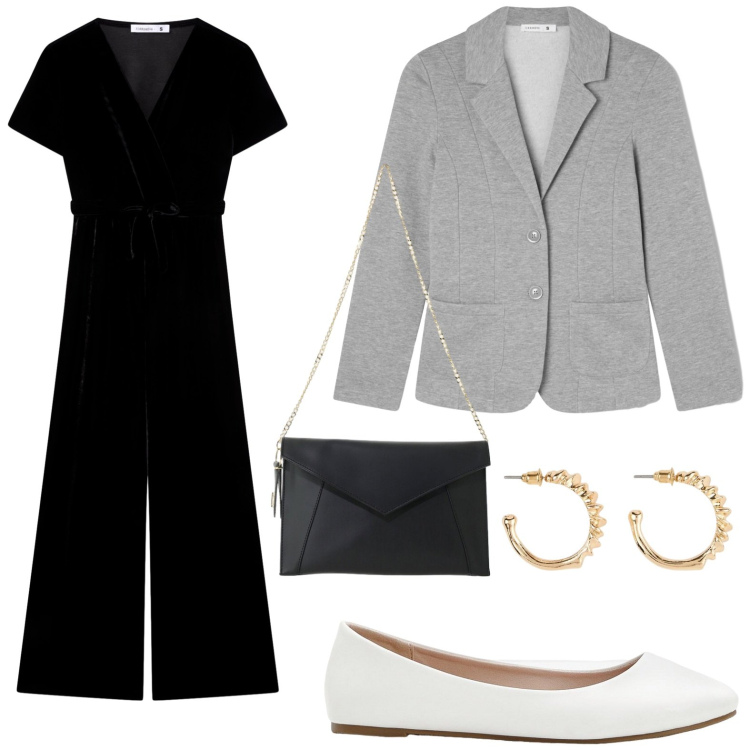Outfit donna - Basic style. Stile Glamour per Tutti i giorni. Abbinamento con borse a tracolla, tute, blazer, ballerine, orecchini.