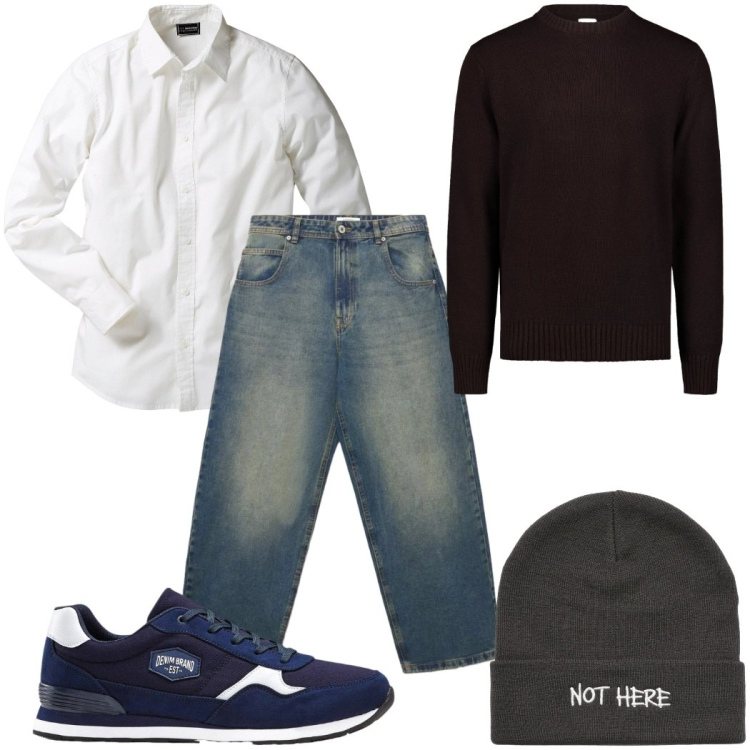 Outfit uomo - Total look #2480504. Stile Casual per Tutti i giorni. Abbinamento con maglieria, jeans, berretti, camicie, sneakers.