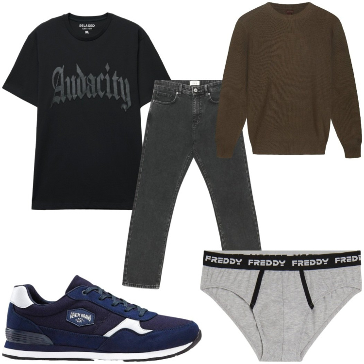 Outfit uomo - Total look #2480505. Stile Casual per Tutti i giorni. Abbinamento con maglieria, slip, t-shirt, jeans dritti, sneakers.