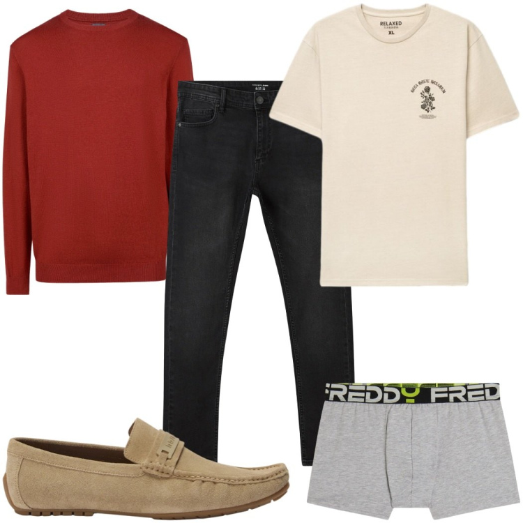Outfit uomo - Total look #2480506. Stile Casual per Tutti i giorni. Abbinamento con scarpe stringate, maglieria, boxer, jeans skinny, t-shirt.