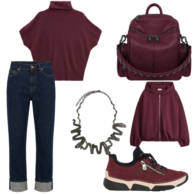 Outfit donna - Total look #2480507. Stile Casual per Tutti i giorni. Abbinamento con sneakers, felpe con cappuccio, pullovers, jeans dritti, ciondoli, zaini.