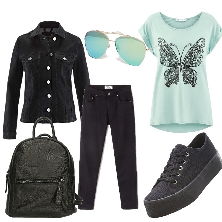 Outfit donna - T- shirt e farfalle. Stile Basic per Tutti i giorni. Abbinamento con sneakers, blazer, pantalone tinta unita nero, t-shirt con stampa aderente turchese, zaino made italy con zip e manico tinta unita nero, occhiali da sole da aviatore lenti a specchio stanghette sottili.