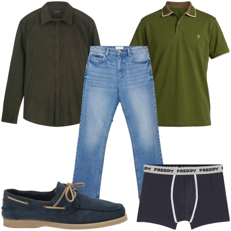 Outfit uomo - Total look #2480511. Stile Casual per Tutti i giorni. Abbinamento con scarpe stringate, polo, camicie, boxer, jeans dritti.