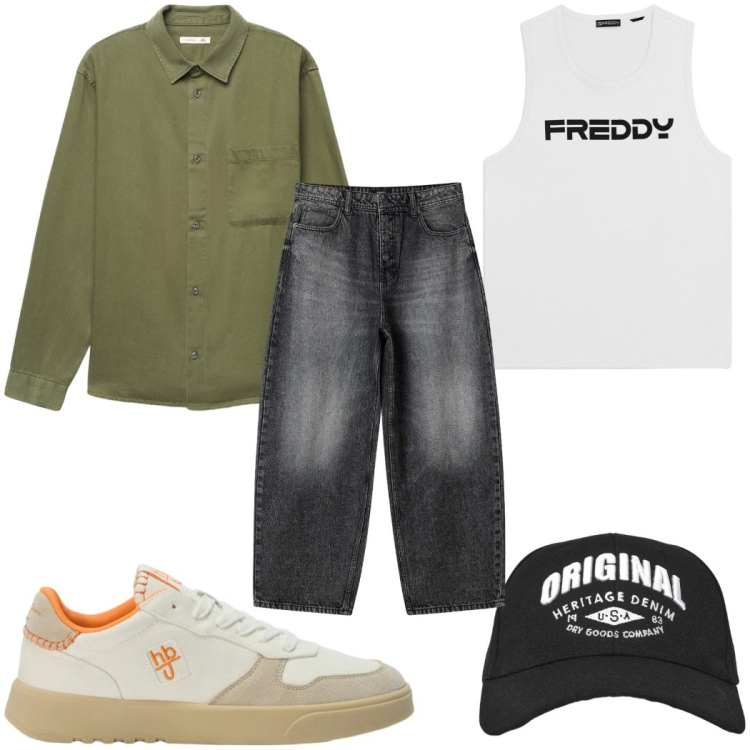 Outfit uomo - Total look #2480515. Stile Casual per Tutti i giorni. Abbinamento con sneakers, canottiere, cappelli con visiera, camicie, jeans.