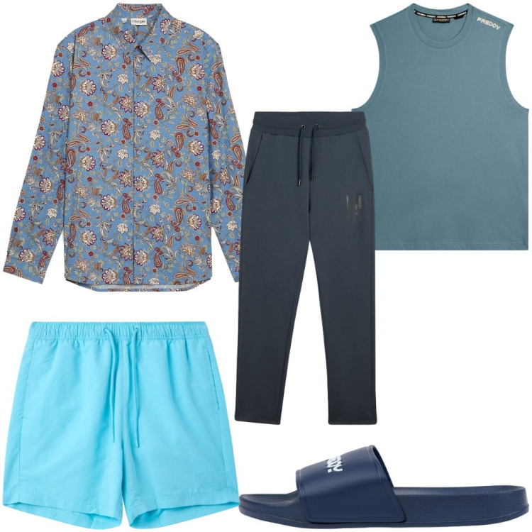 Outfit uomo - Total look #2480516. Stile Casual per Mare. Abbinamento con pantaloni, canottiere, sandali, costumi, camicie.