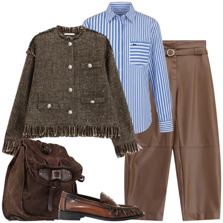 Outfit donna - Wow. Stile Trendy per Scuola/Università. Abbinamento con zaini, blazer, pantaloni, mocassini, camicie.