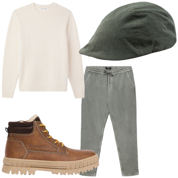Outfit uomo - Maglia e chino salvia. Stile Casual per Tutti i giorni. Abbinamento con cappelli con visiera, pullovers, pantaloni, stivali e stivaletti.
