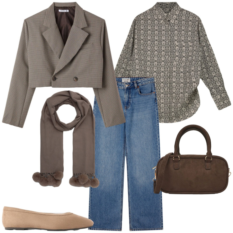 Outfit donna - Total look #2480564. Stile Casual chic per Scuola/Università. Abbinamento con ballerine, jeans, sciarpe, blazer, borse a tracolla, camicie.