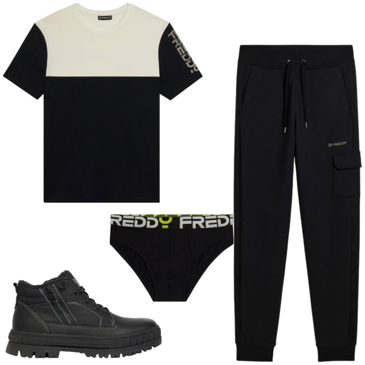 Outfit uomo - Total look #2480569. Stile Casual per Sport. Abbinamento con pantaloni cargo, t-shirt, slip, stivali e stivaletti.