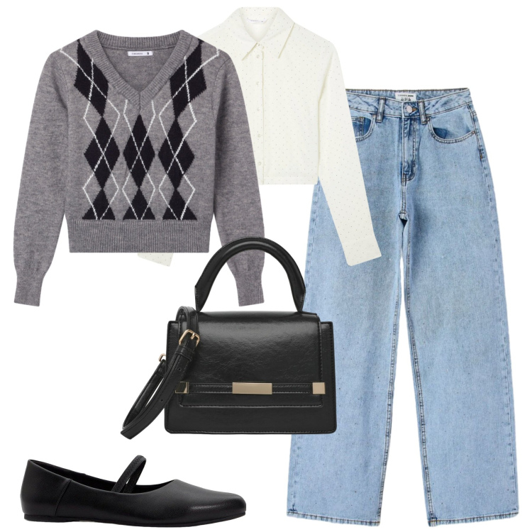Outfit donna - Settembre. Stile Casual chic per Tutti i giorni. Abbinamento con ballerine, pullovers, jeans, borse a tracolla, camicie.