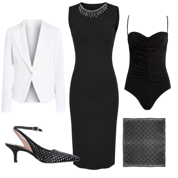 Outfit donna - Total look #2480574. Stile Chic per Cerimonia. Abbinamento con sciarpe, body, décolleté, vestiti lunghi, blazer.