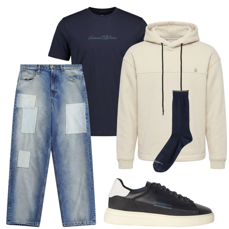 Outfit uomo - Total look #2480576. Stile Urban per Tutti i giorni. Abbinamento con sneakers, calzini, t-shirt, jeans, felpe con cappuccio.