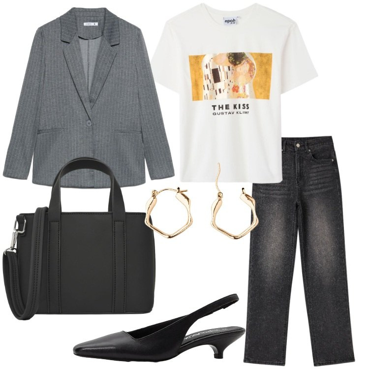Outfit donna - Una giacca in città - @susystyle. Stile Basic per Ufficio. Abbinamento con jeans, borse a tracolla, blazer, t-shirt, orecchini, décolleté.