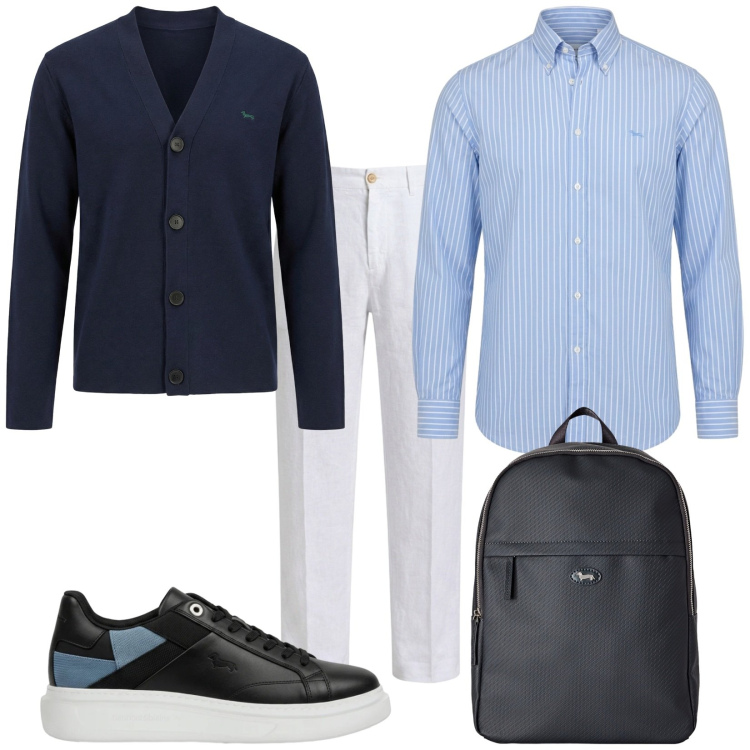 Outfit uomo - Total look #2480578. Stile Trendy per Tutti i giorni. Abbinamento con borse sportive, camicie, cardigans, sneakers, pantaloni chino.
