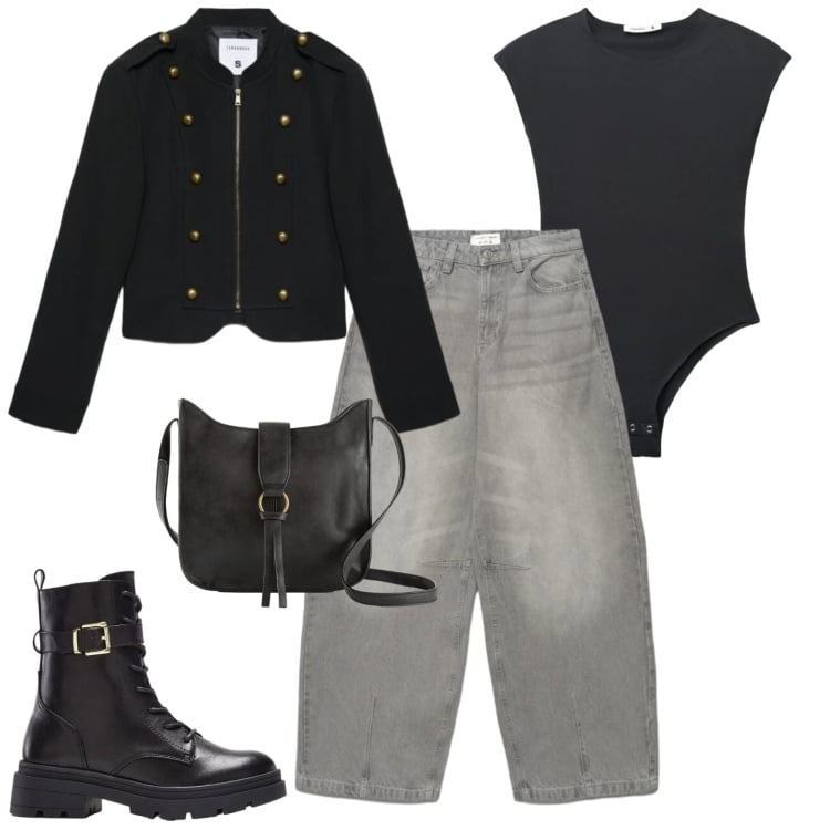 Outfit donna - I jeans barrel con la fibbia. Stile Casual chic per Tutti i giorni. Abbinamento con jeans, blazer, top, borse a tracolla, anfibi.
