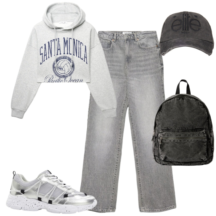 Outfit donna - City. Stile Casual per Tutti i giorni. Abbinamento con sneakers, zaini, jeans dritti, felpe con cappuccio, cappelli.