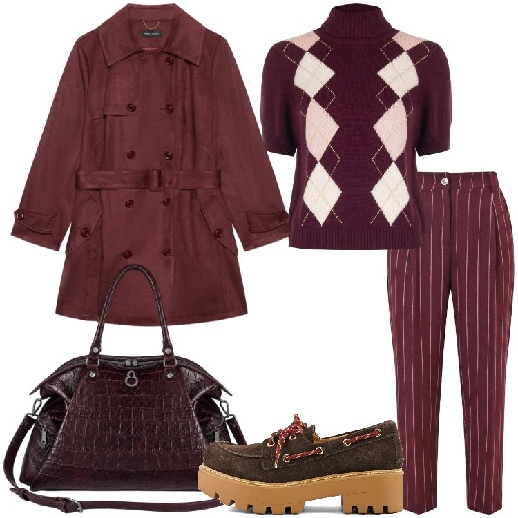 Outfit donna - Trench leggero e toni caldi. Stile Trendy per Scuola/Università. Abbinamento con trench, shopping bag, pantaloni, maglieria, mocassini.