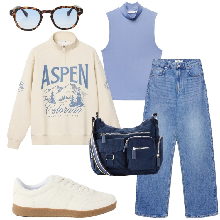 Outfit donna - Sporty. Stile Casual per Tutti i giorni. Abbinamento con sneakers, borse a tracolla, felpe, jeans, top, occhiali da sole.