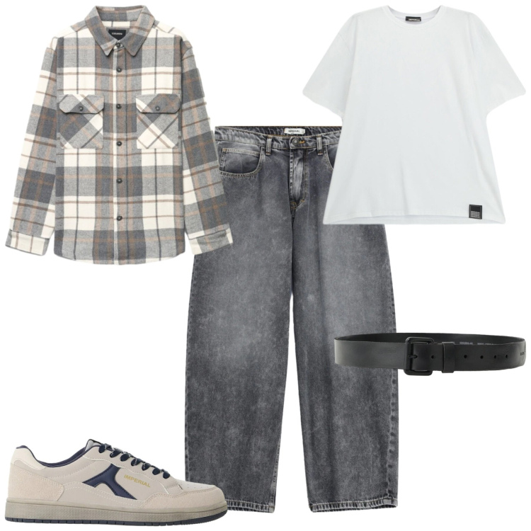 Outfit uomo - Fall. Stile Casual per Tutti i giorni. Abbinamento con jeans, cinture, t-shirt, sneakers, camicie.