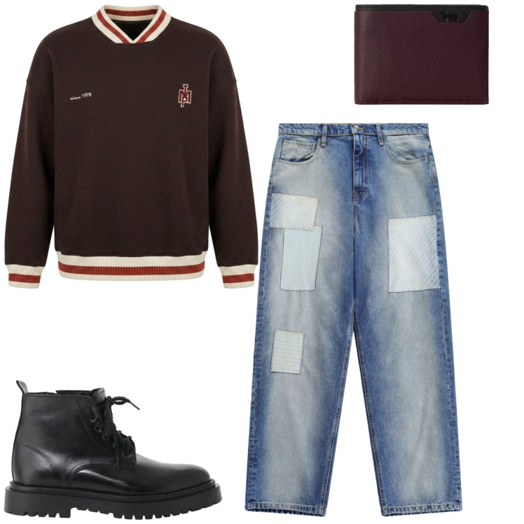 Outfit uomo - Settembre. Stile Casual per Tutti i giorni. Abbinamento con portafogli, jeans, felpe, anfibi.