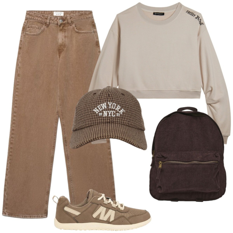 Outfit donna - Scuola. Stile Basic per Scuola/Università. Abbinamento con felpe, zaini, cappelli con visiera, jeans, sneakers.