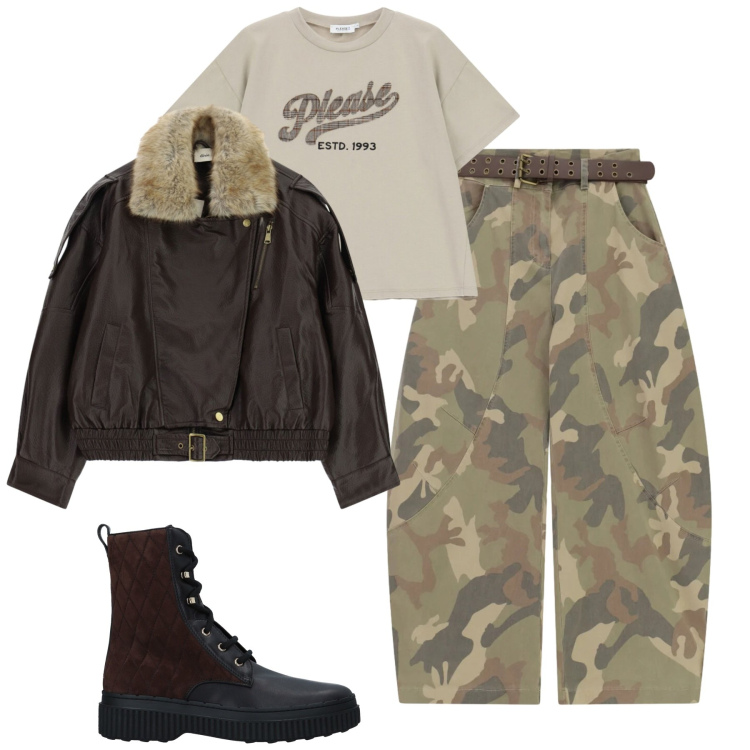 Outfit donna - Fall. Stile Military per Tutti i giorni. Abbinamento con stivaletti, pantaloni a palazzo, t-shirt, giacche.
